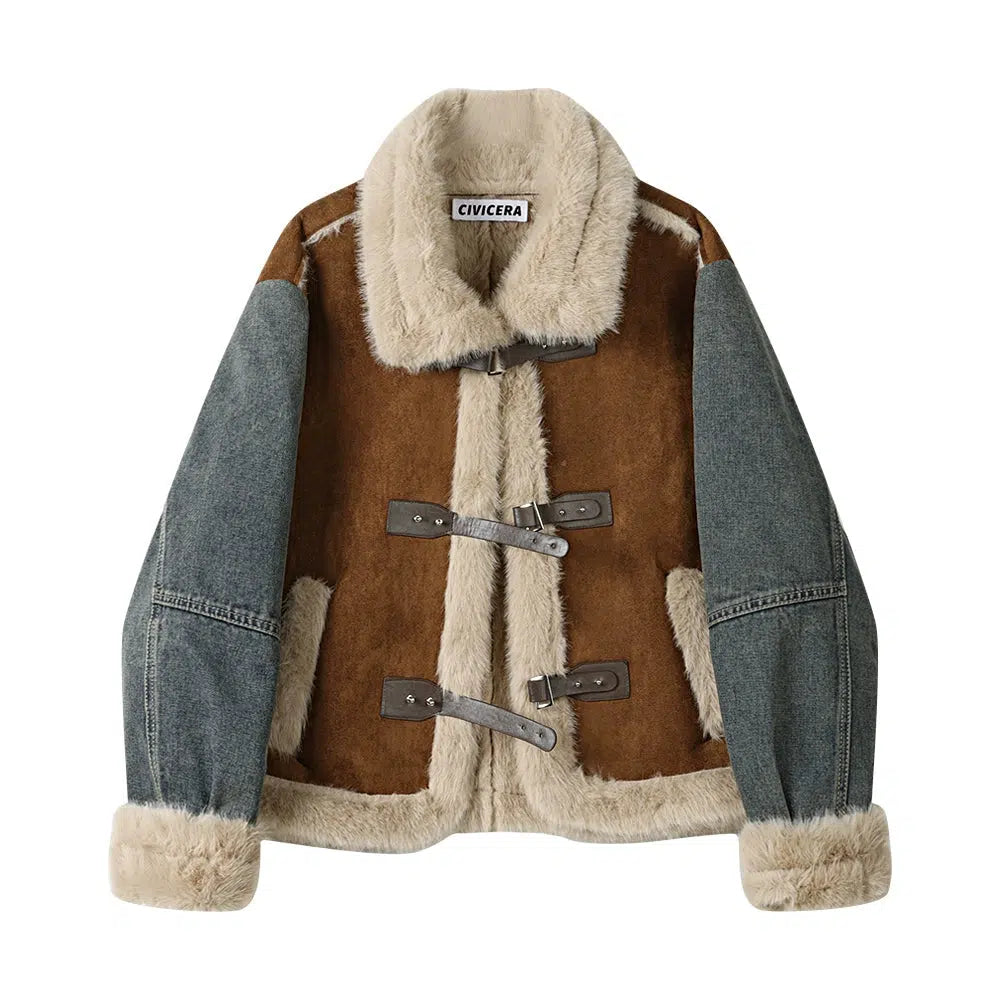 Faux Fur Denim Trim Coat