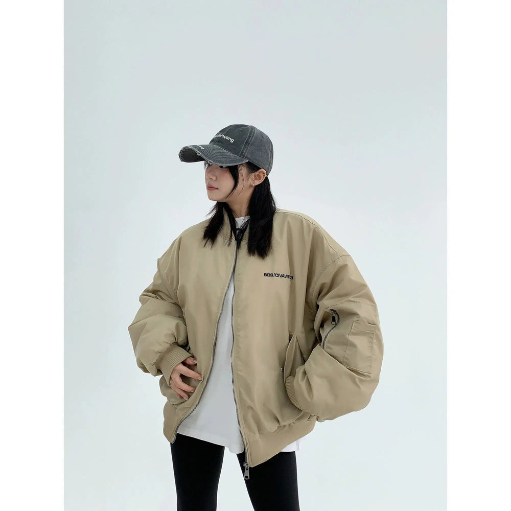 Zipper Pockets Oversized Bomber Coat