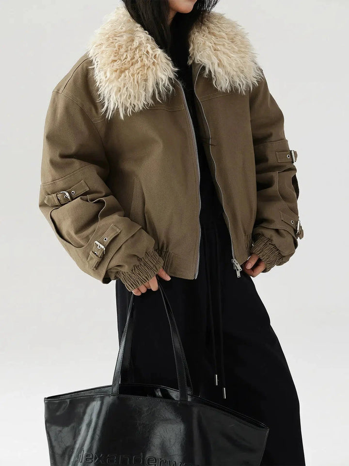 Buckle Accents Shearling Collar Jacket