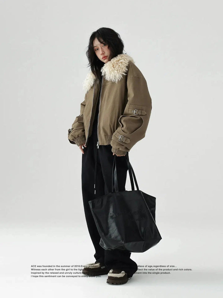 Buckle Accents Shearling Collar Jacket