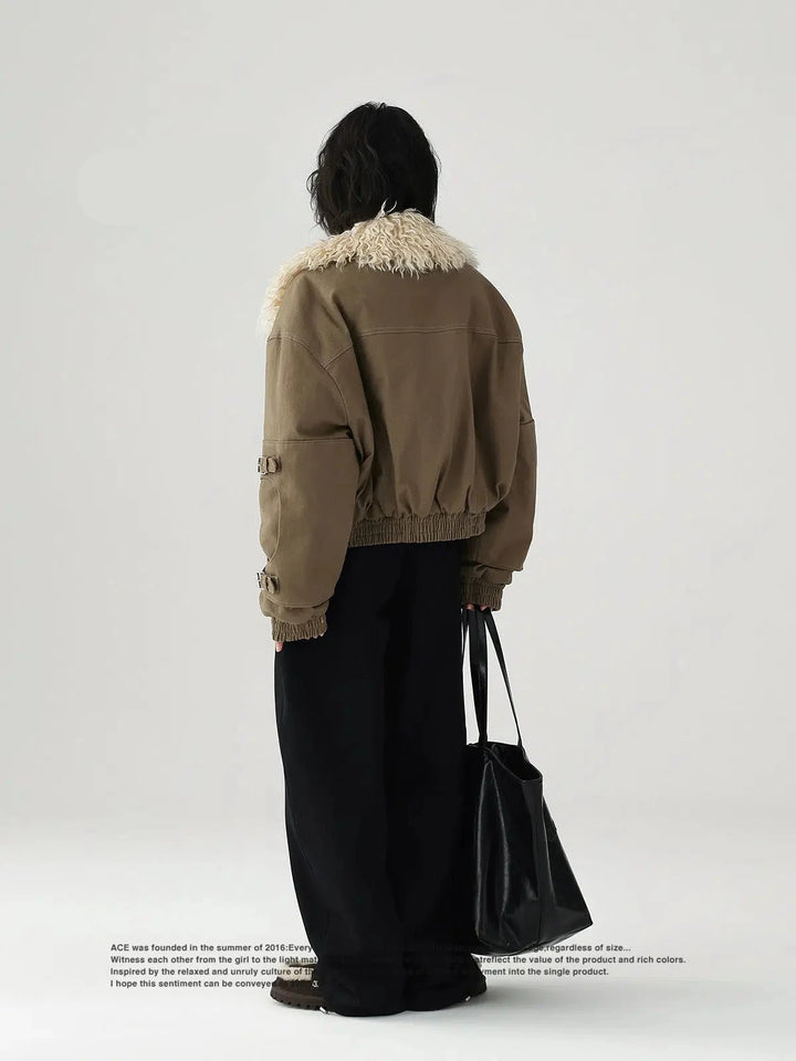 Buckle Accents Shearling Collar Jacket