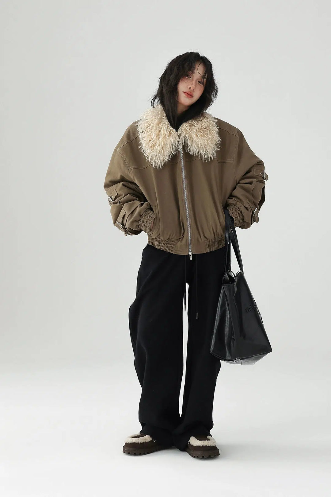 Buckle Accents Shearling Collar Jacket