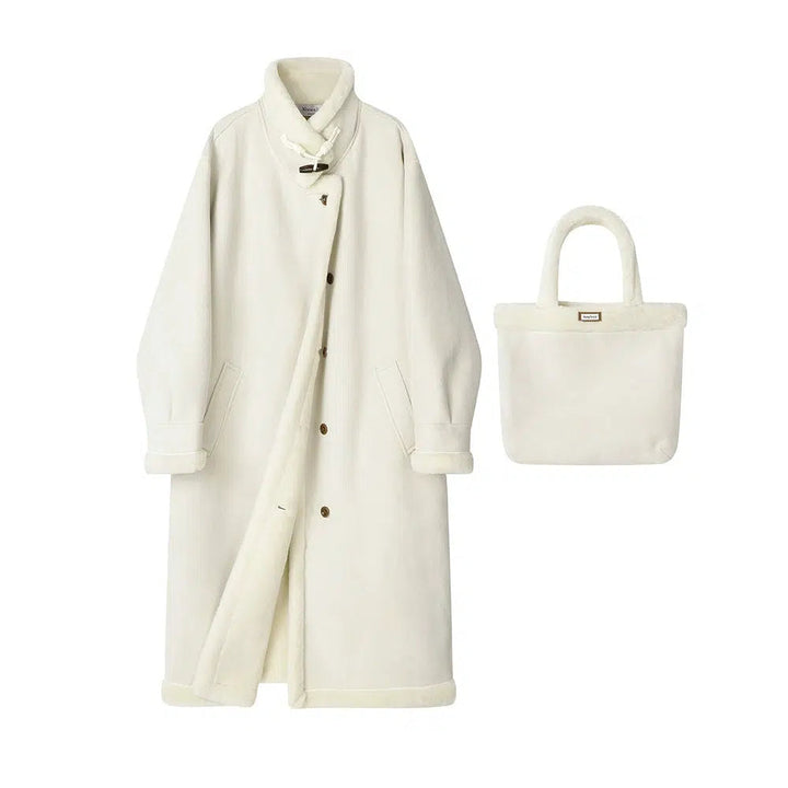 Shearling Trim Wool Coat with Tote Bag