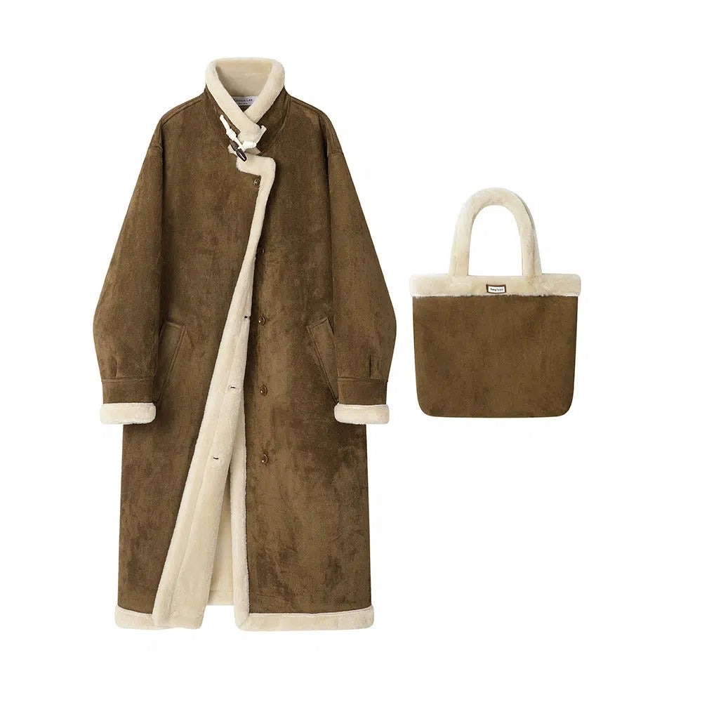 Shearling Trim Wool Coat with Tote Bag