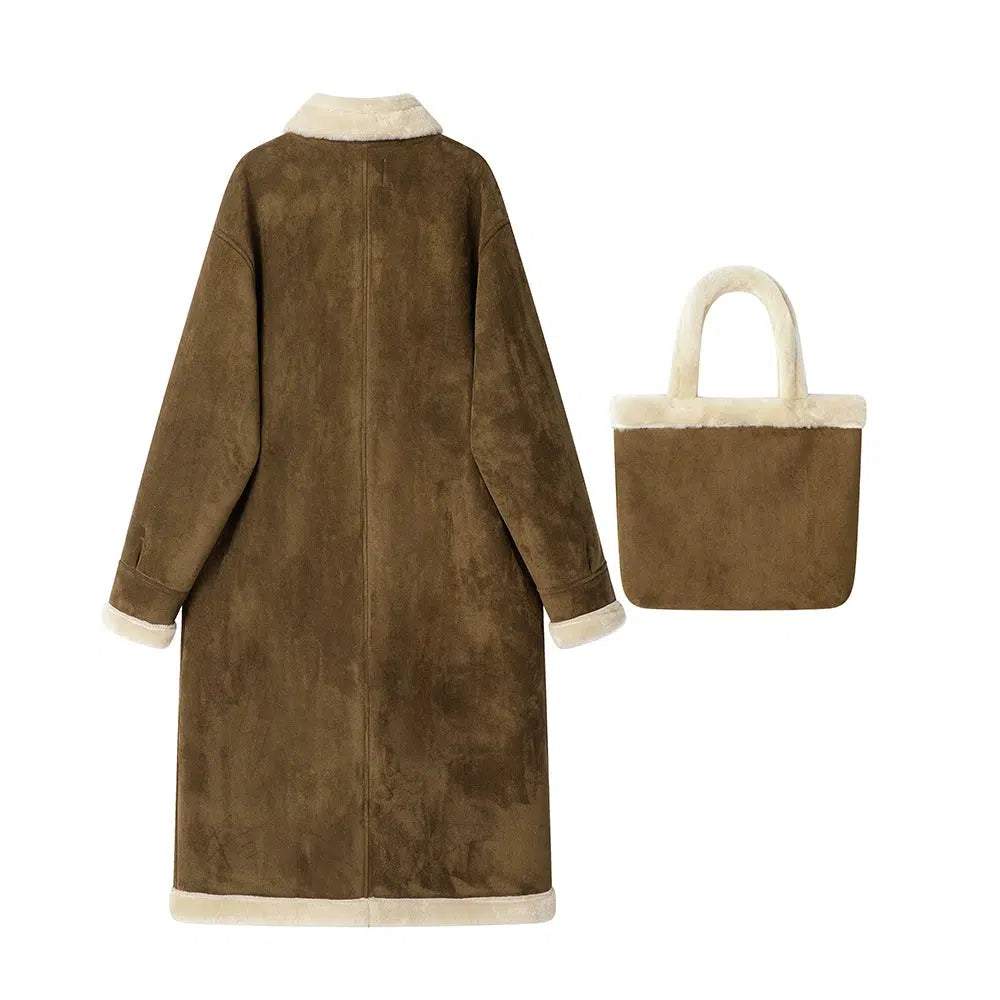 Shearling Trim Wool Coat with Tote Bag