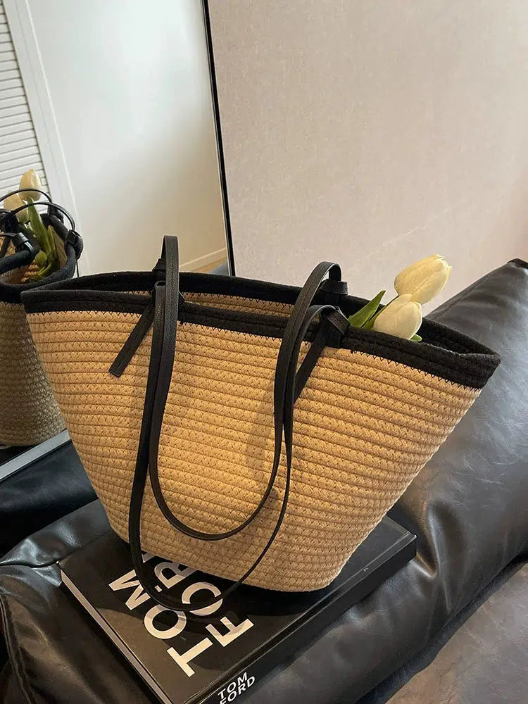 Woven Straw Leather Straps Tote Bag