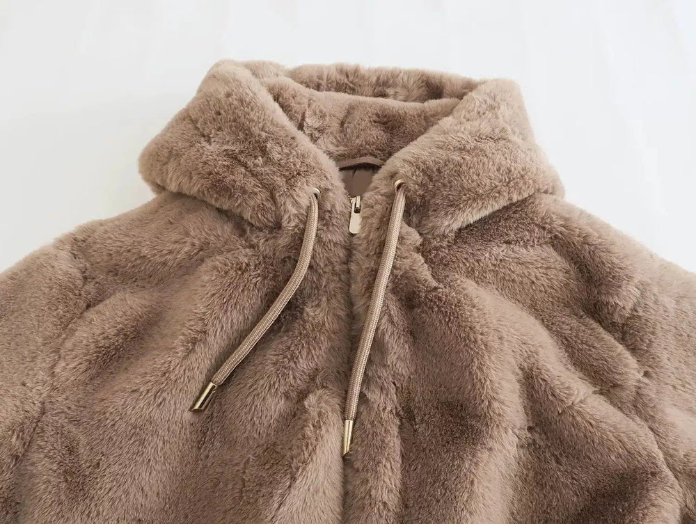 Zip Closure Faux Fur Hooded Coat