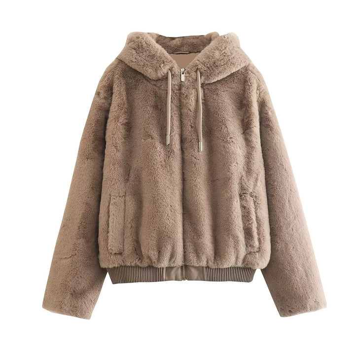 Zip Closure Faux Fur Hooded Coat