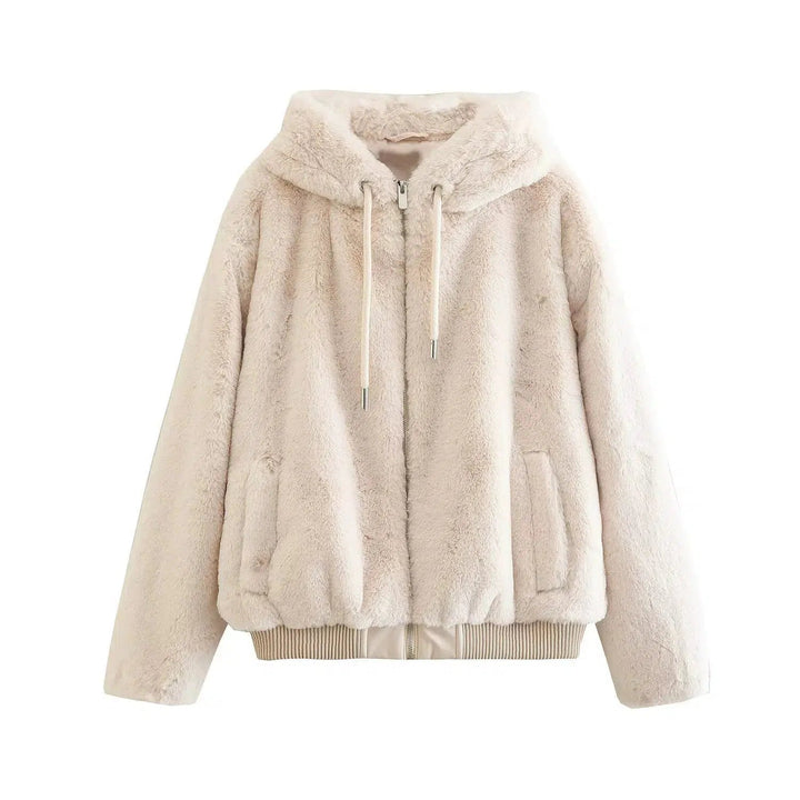 Zip Closure Faux Fur Hooded Coat