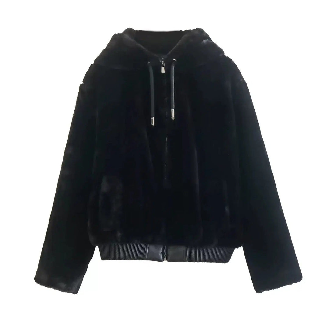 Zip Closure Faux Fur Hooded Coat