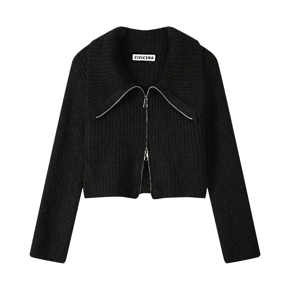 Zip-Up Collared Knit Sweatshirt