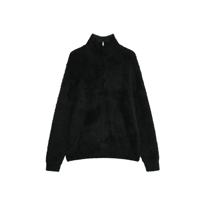 Zip-Up Mink Imitation Knit Sweater