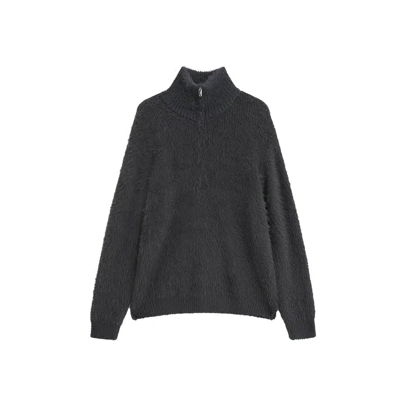 Zip-Up Mink Imitation Knit Sweater