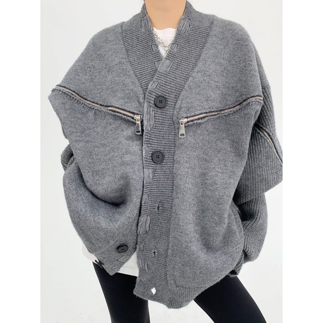 Zipper Accents Knit Cardigan Sweater