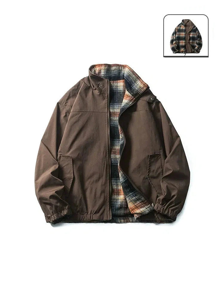 Zipper Front Reversible Plaid Jacket