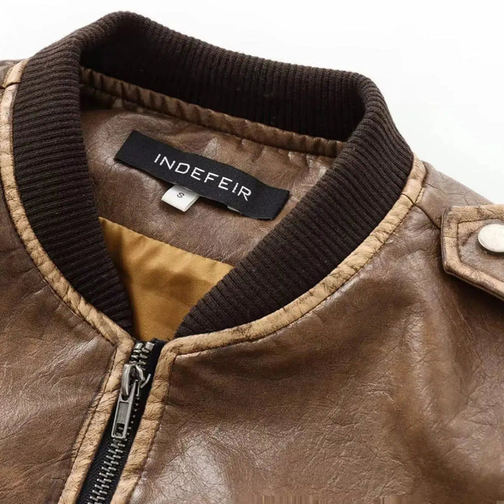 Zipper Pockets Leather Bomber Jacket