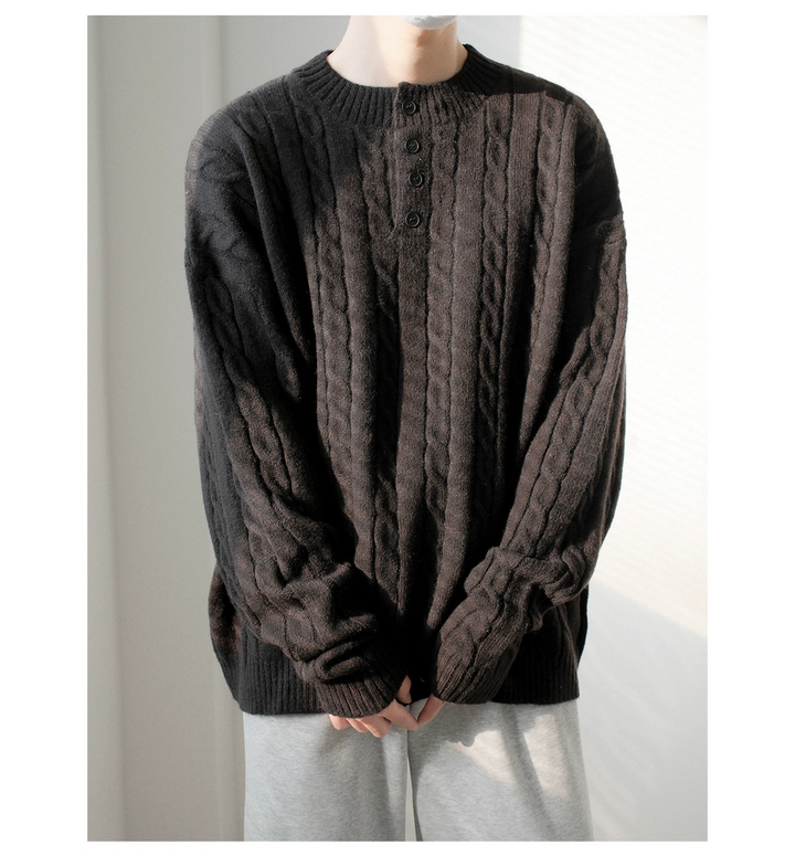 Button Neck Cable Knit Sweater