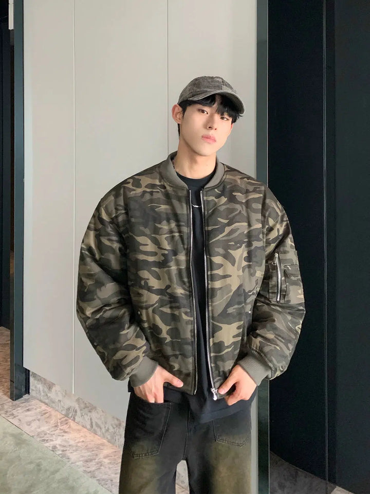 Camouflage Quilted Baseball Jacket with Stand-Up Collar-The Korean Fashion