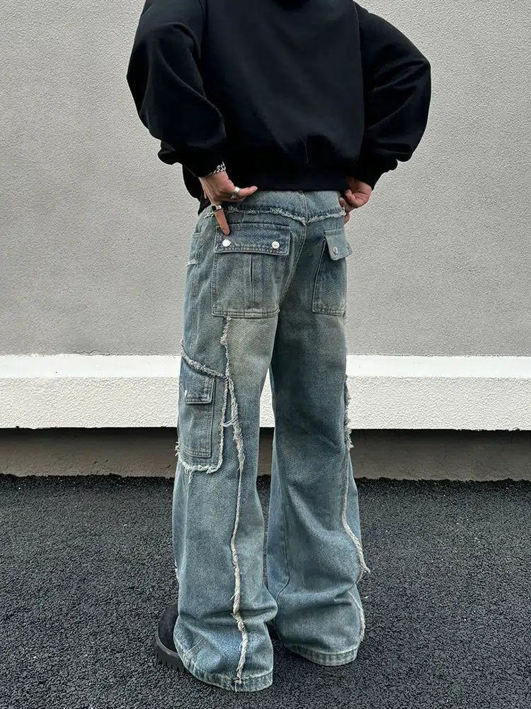 Destroyed Raw Edge Wide-Leg Jeans