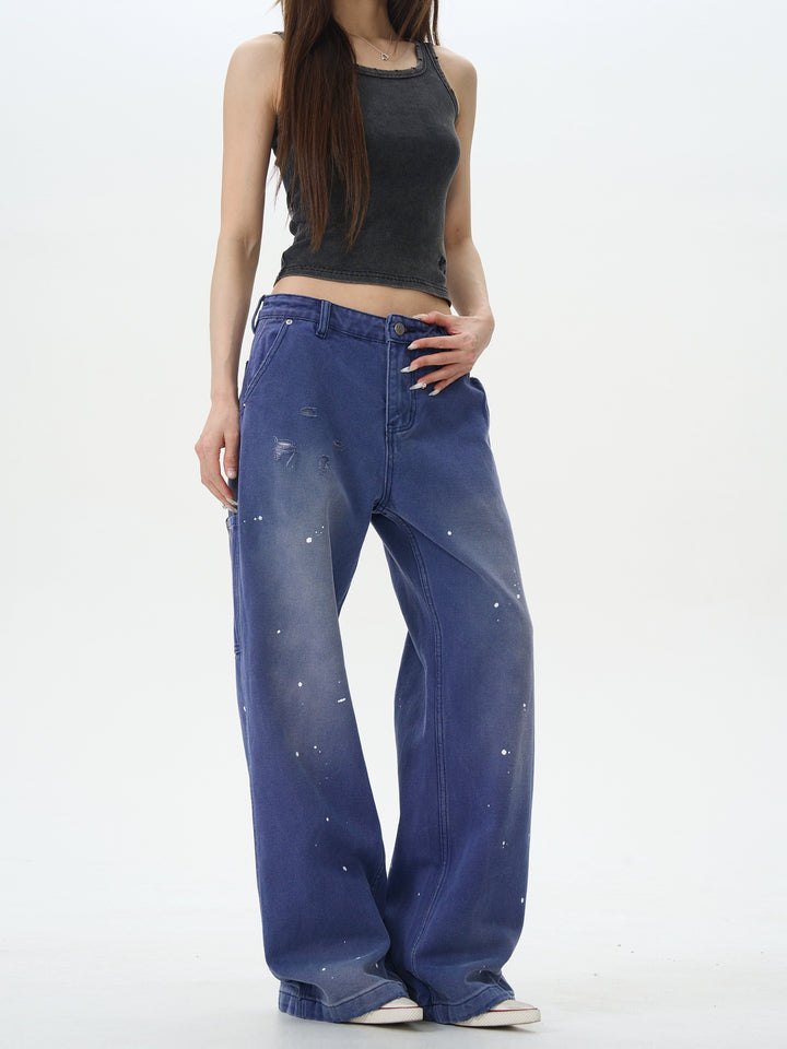 Vintage Ink-Splashed Denim Pants