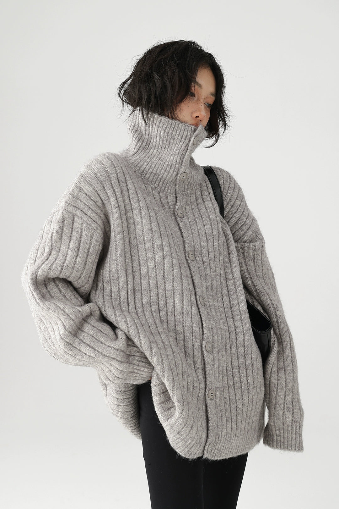 Ribbed Turtleneck Button-Up Sweater Jacket