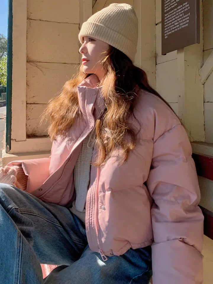 Pink Stand Collar Loose Down Jacket