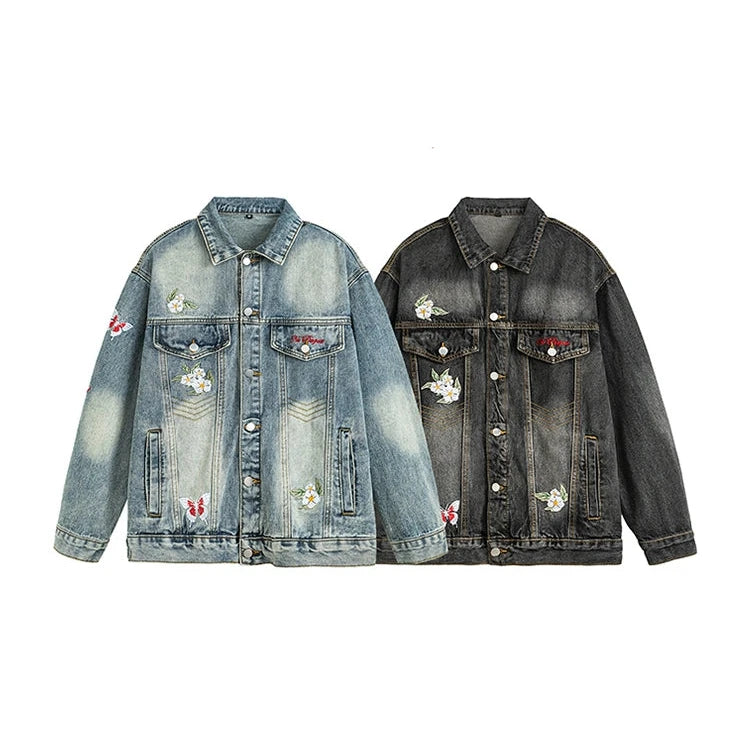 Floral Embroidery Washed Denim Jacket-The Korean Fashion