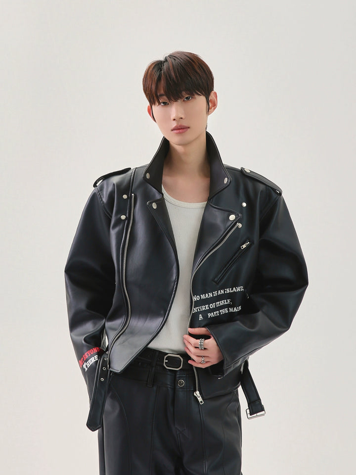 Letter Print Leather Motorcycle Jacket