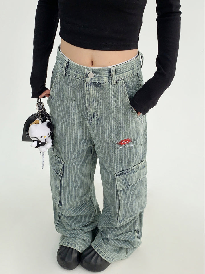 Distressed Striped Wide-Leg Denim Pants