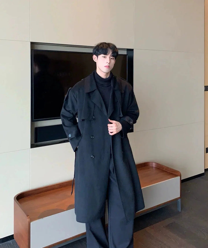 Mid-length Double-breasted Wool Coat with Belt-The Korean Fashion