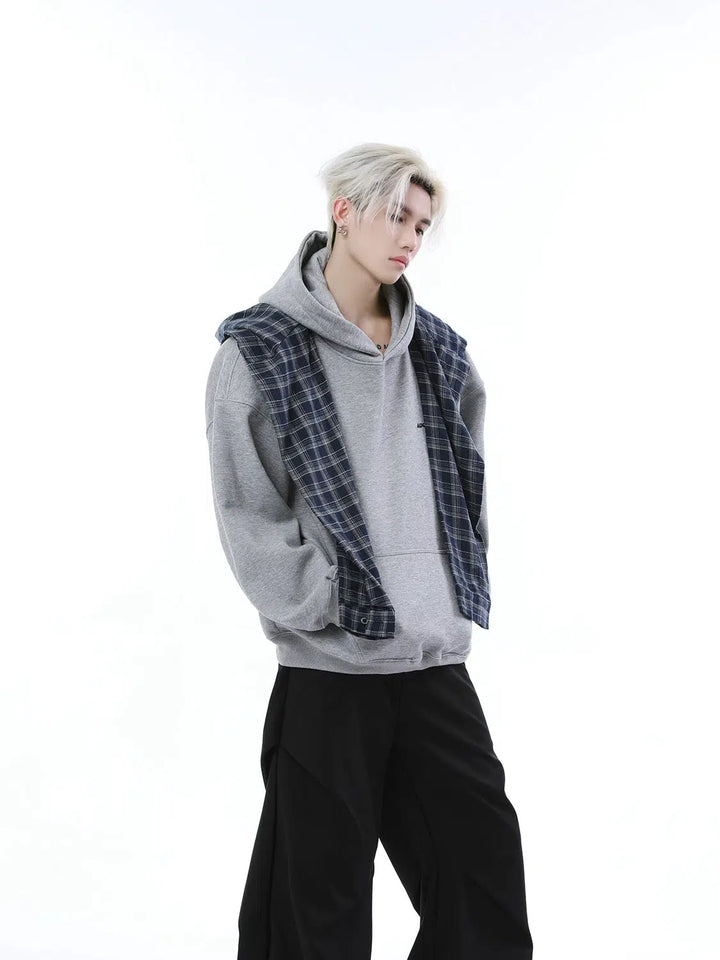 Retro Stitch Plaid Shawl Hooded Sweatshirt-The Korean Fashion