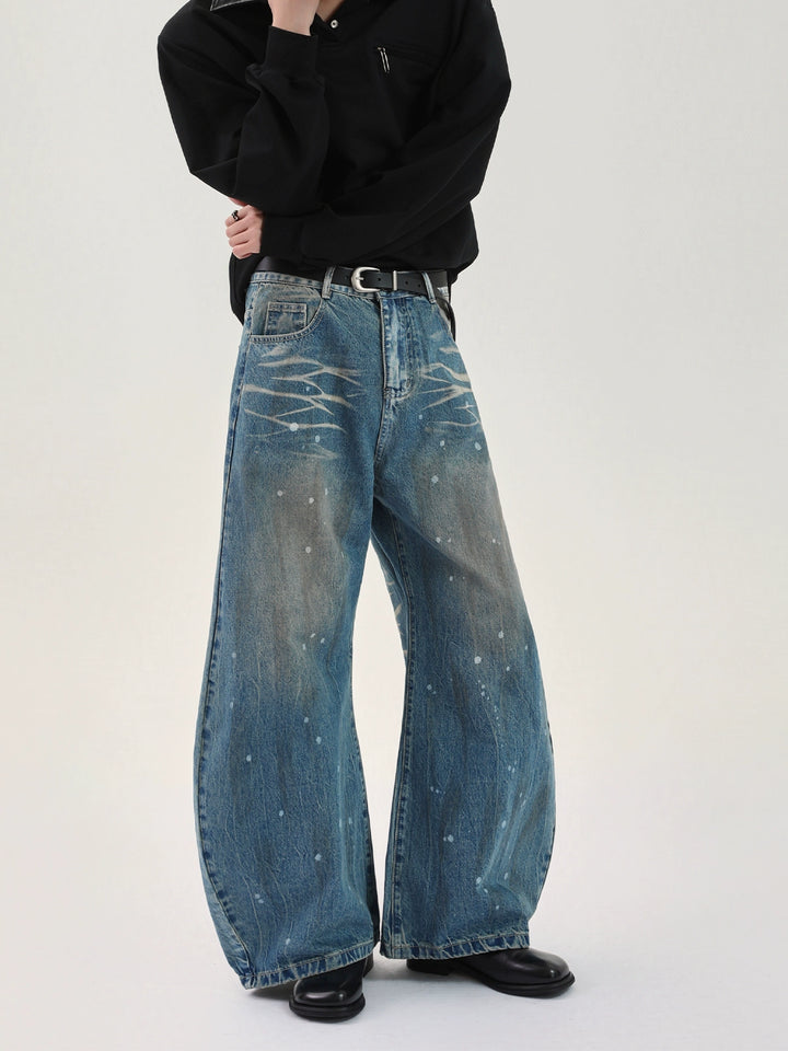 Distressed Ink-Splashed Straight-Leg Jeans