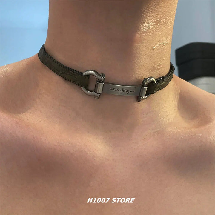 Buckle Leather Metal Choker