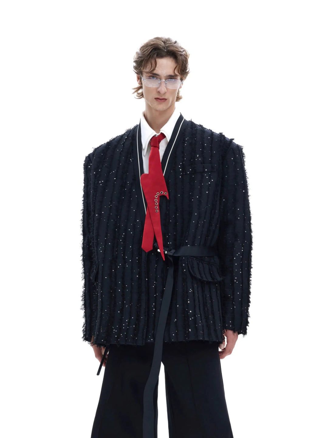 Sequin Tassel Collarless Suit Jacket