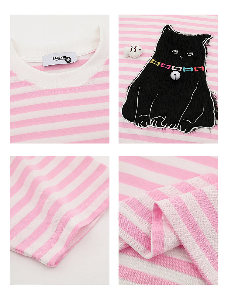 Striped Kitten Patch Short-sleeve Pullover