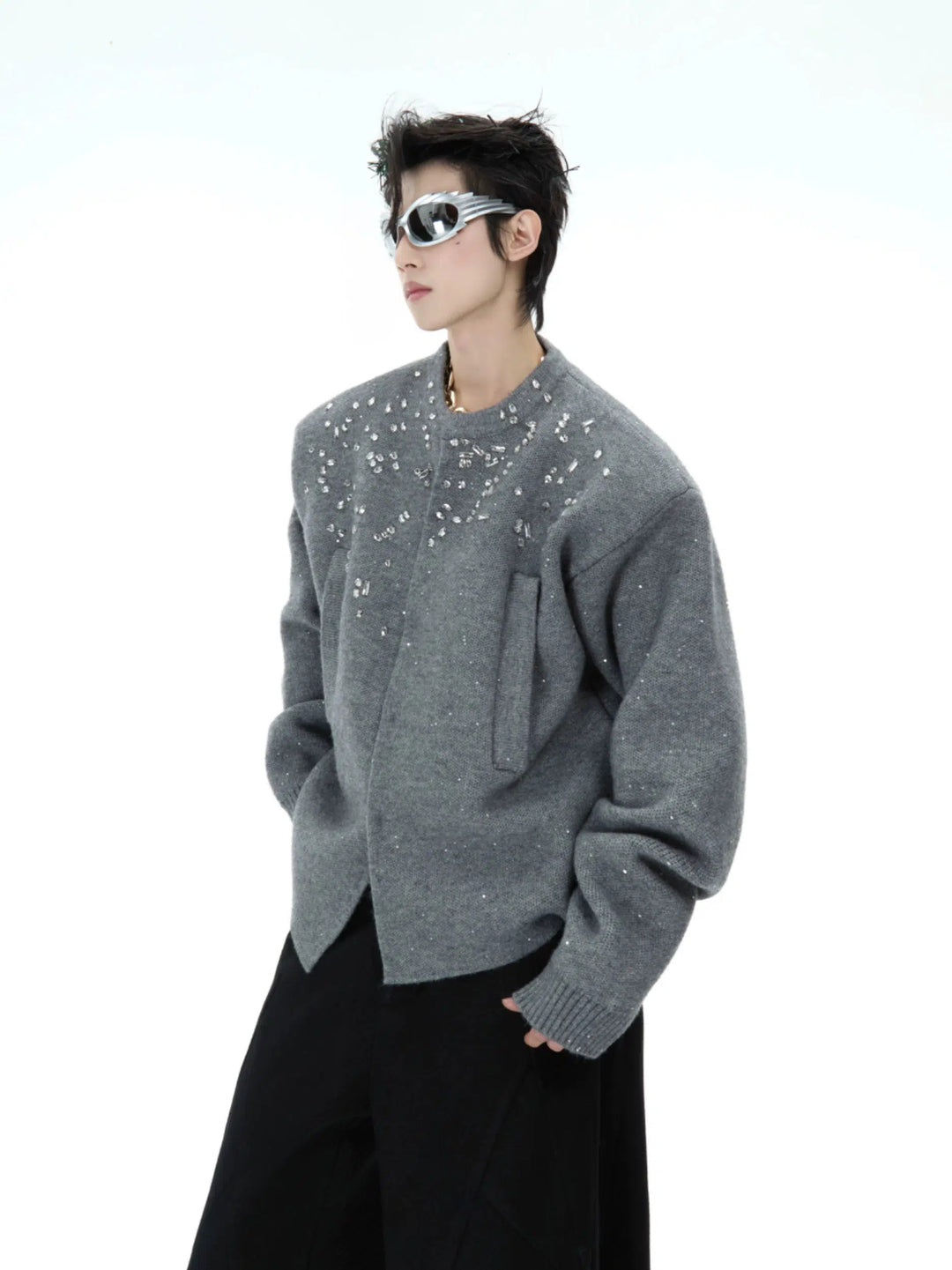 Diamond Embellished Knitted Cardigan-The Korean Fashion