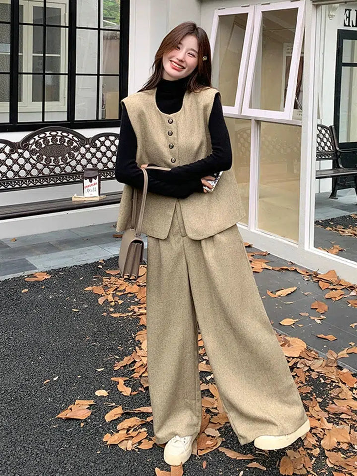 Khaki Vest and Wide-Leg Pants Suit for Women-The Korean Fashion