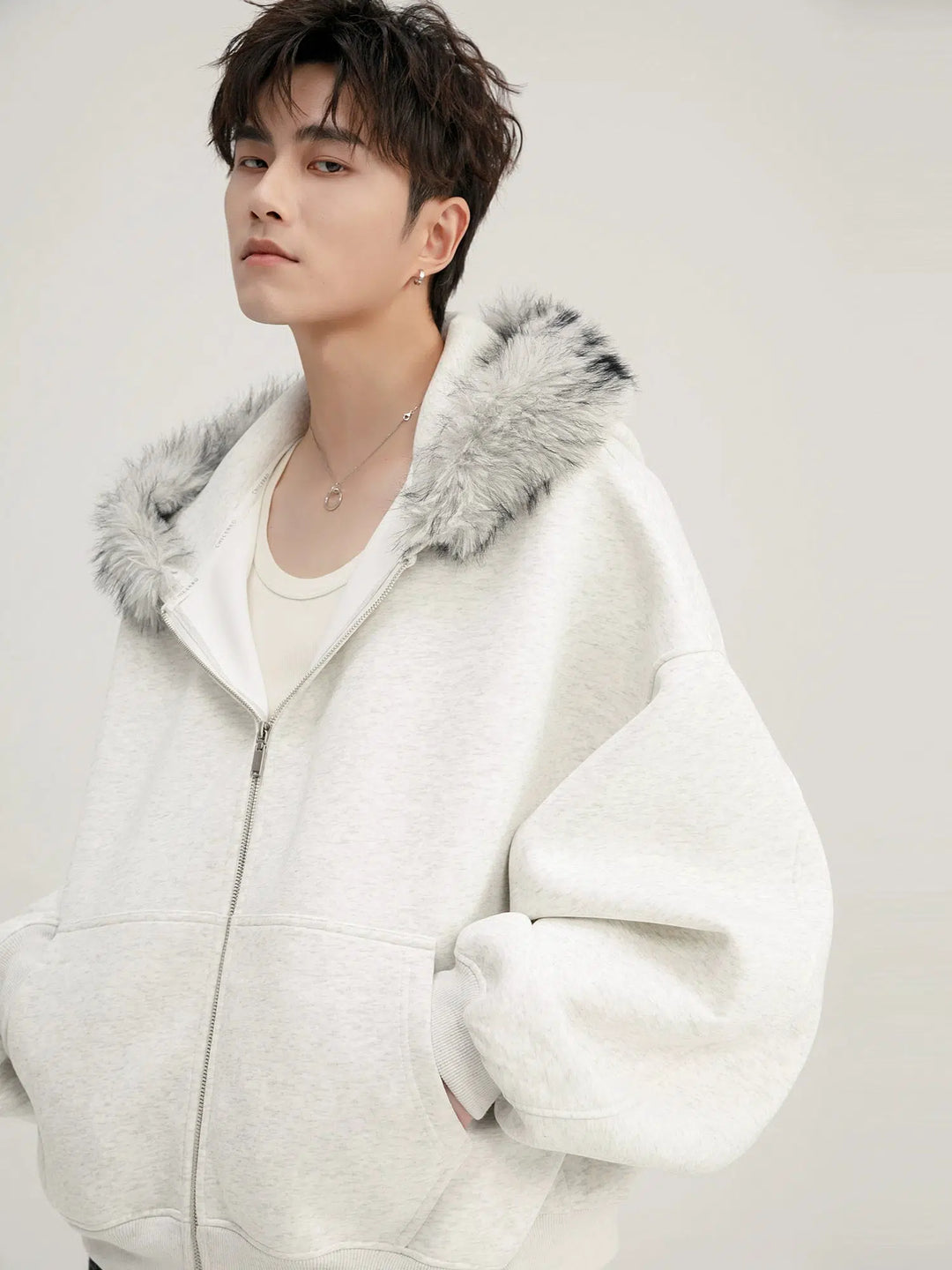 Hooded Fur Collar Zipper Cardigan Hoodie-The Korean Fashion