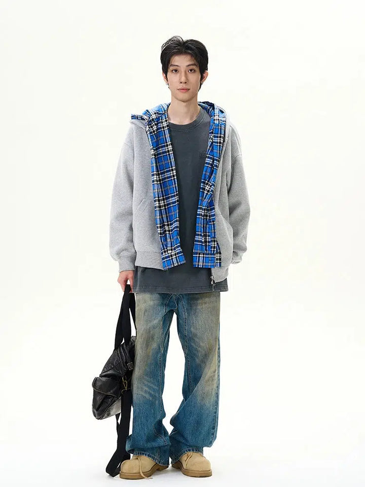 Retro Plaid Patchwork Hooded Zipper Sweatshirt-The Korean Fashion