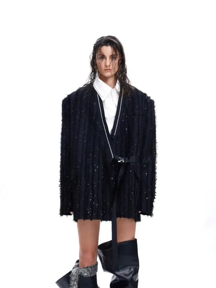 Sequin Tassel Collarless Suit Jacket-The Korean Fashion