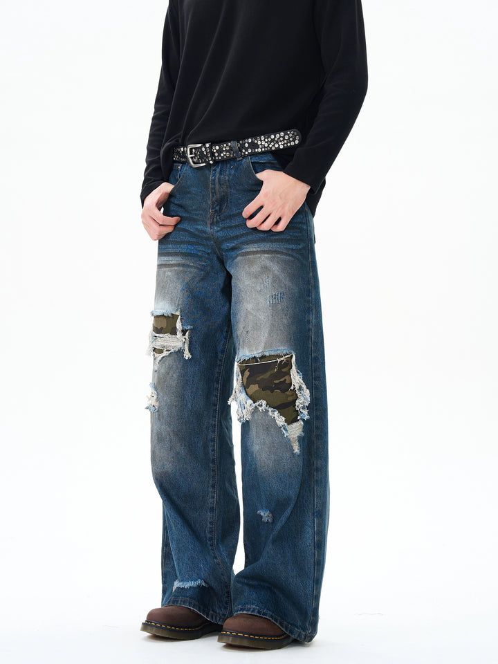 Loose Fit Ripped Camouflage Patch Jeans