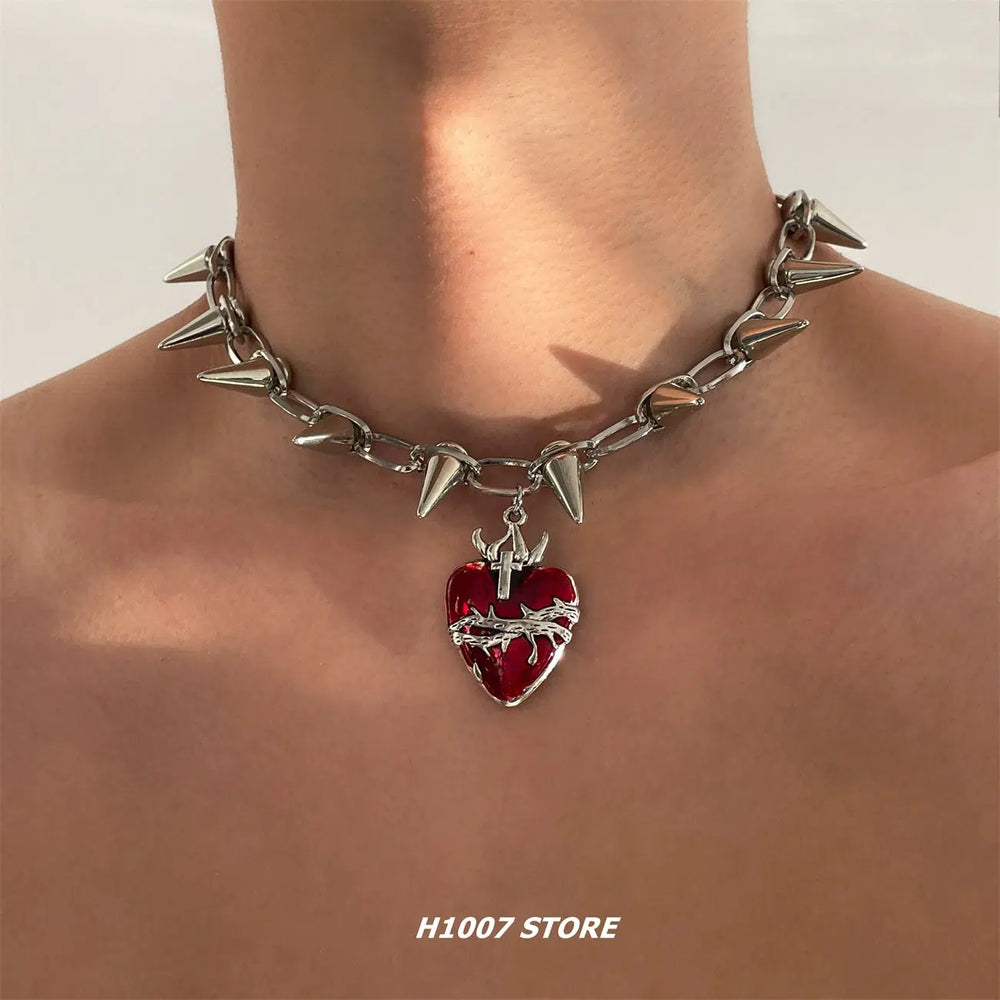 Rivet Heart Pendant Choker Necklace