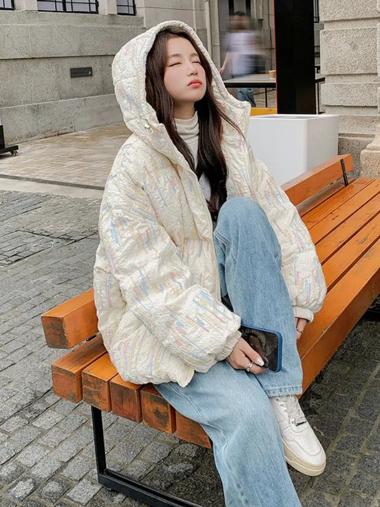 Women's Hooded Striped Down Jacket-The Korean Fashion