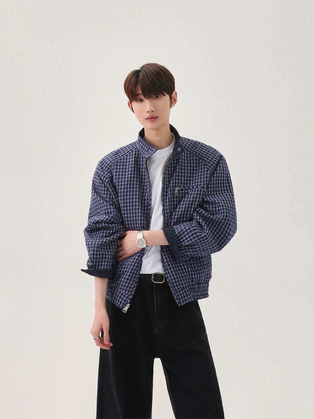 Stand Collar Double-Sided Plaid Jacket