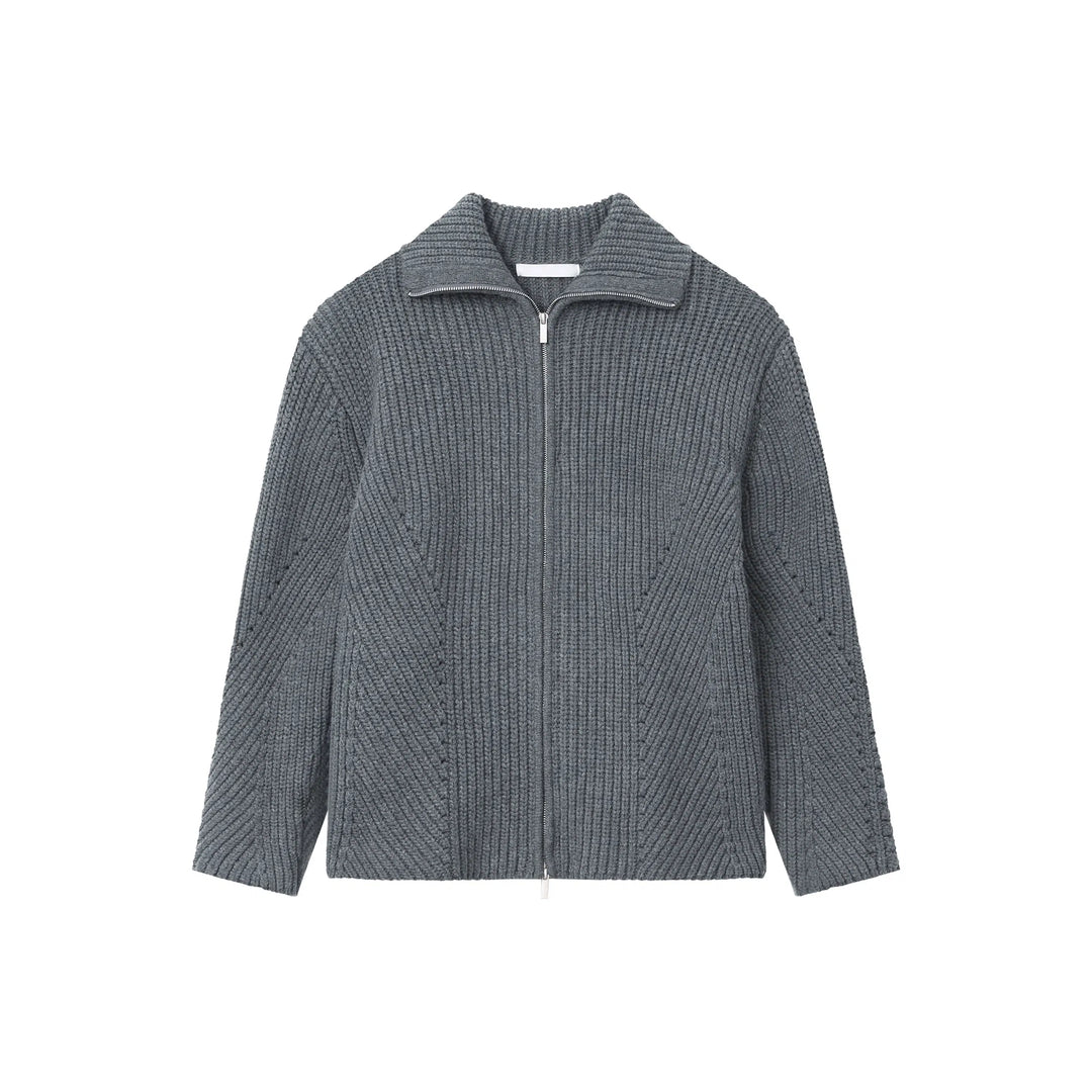 High Collar Wool Knit Zipper Cardigan