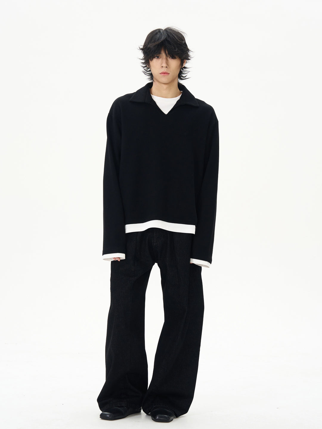 Black Waffle Polo Collar Sweatshirt