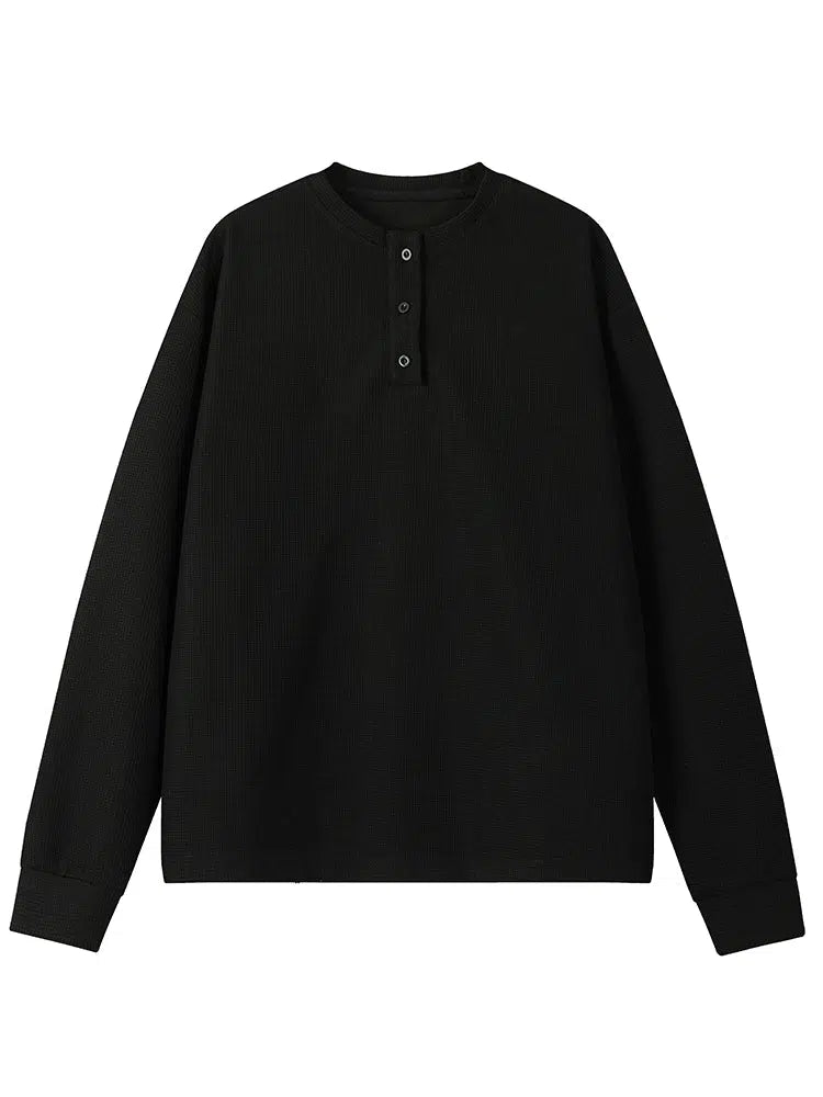 Loosely-Fitted Henley Long-Sleeve Pullover Shirt-The Korean Fashion