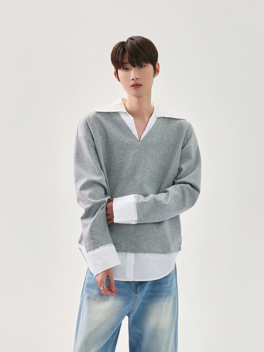 V-Neck Patchwork Long-Sleeve Pullover