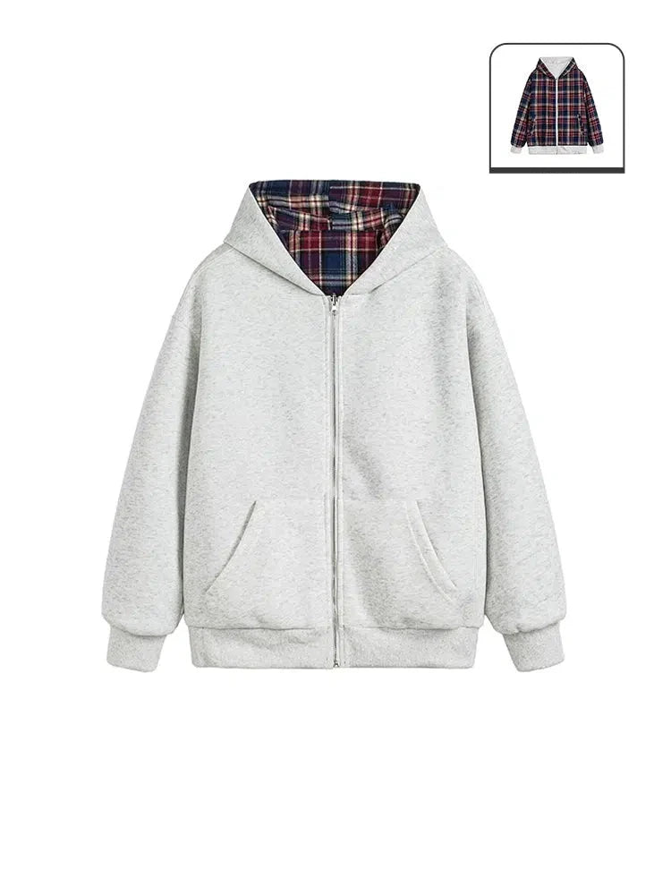 Reversible Plaid Hooded Cardigan Jacket-The Korean Fashion