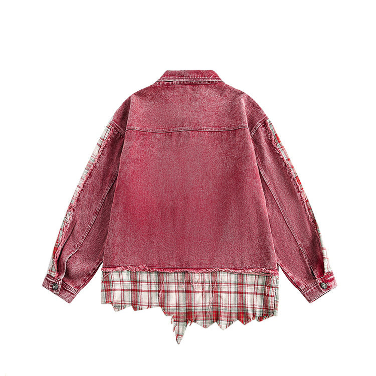 Plaid Distressed Irregular Hem Denim Jacket